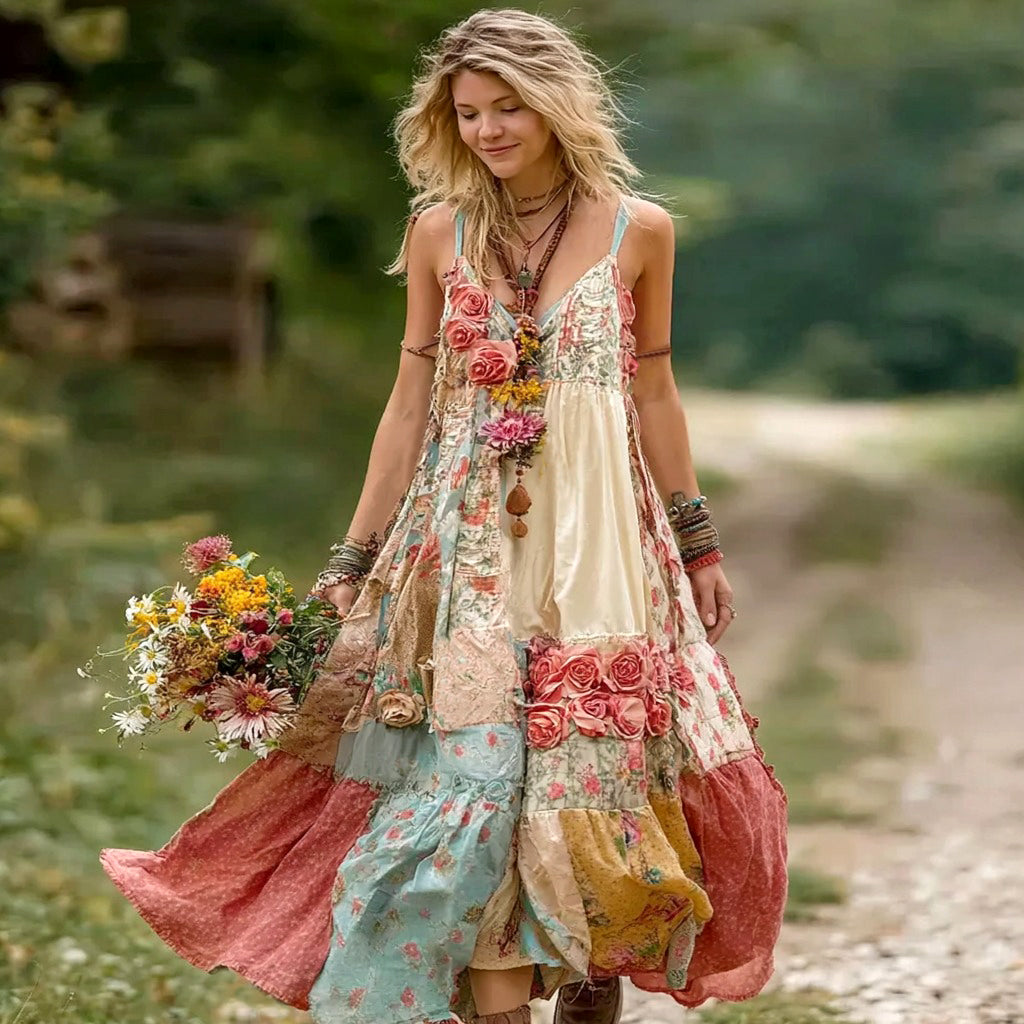 Women's Vintage Boho Floral Art Patchwork Comfy Midi Dress