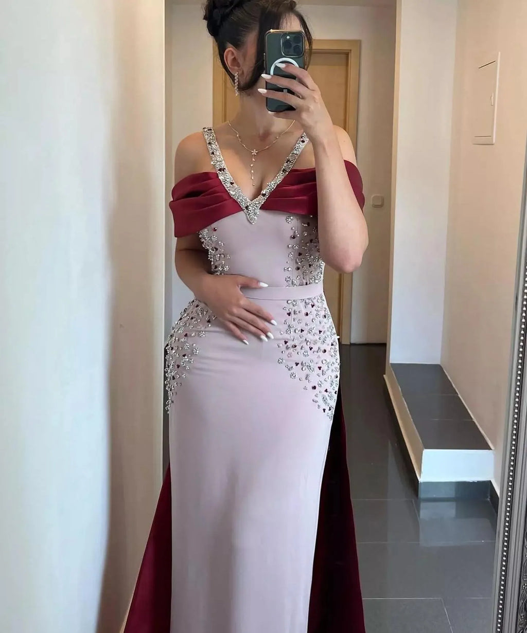Dreamy Vow Luxury Arabic Pink Burgundy Mermaid Evening Dress with Cape Dubai Engagement Dress for Women Wedding Party 446