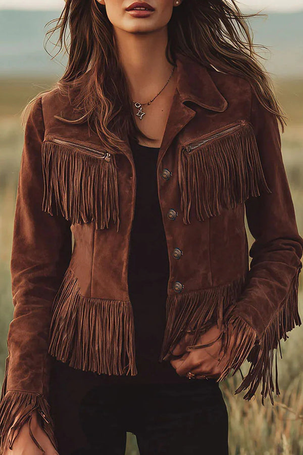 Retro-style Lapel Long-sleeved Tassel Casual Suede Short Jacket