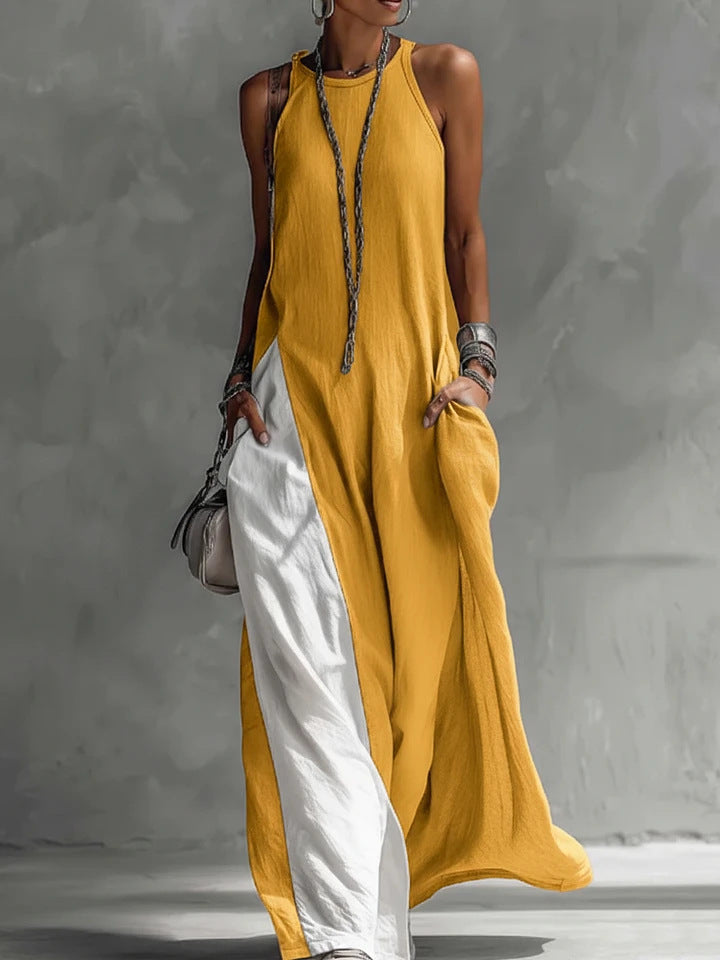 Momocco Avant-Garde Halter Maxi Dress - Contrast Color-Block Loose Fit Art-Style Gown
