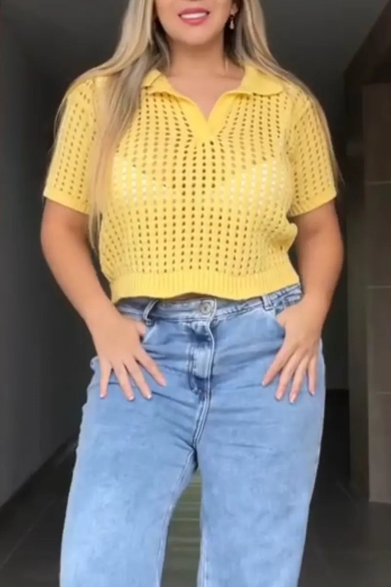 Women's Collar Hollowed Out Solid Color Casual Top