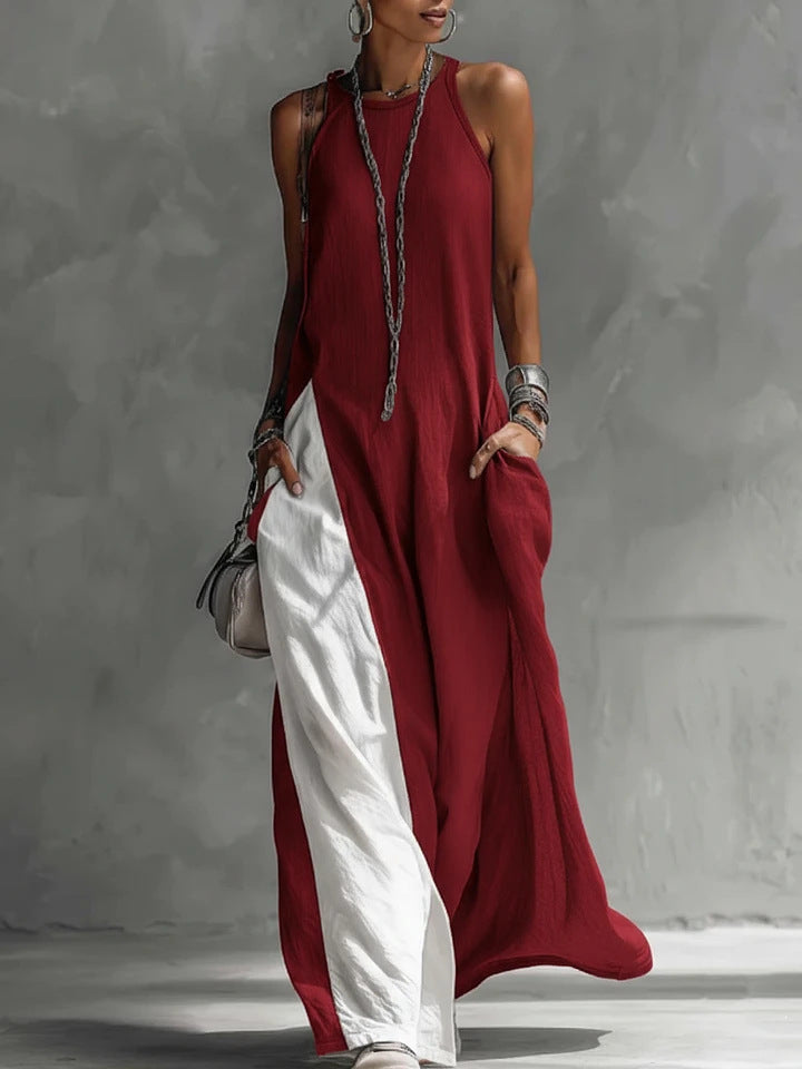 Momocco Avant-Garde Halter Maxi Dress - Contrast Color-Block Loose Fit Art-Style Gown