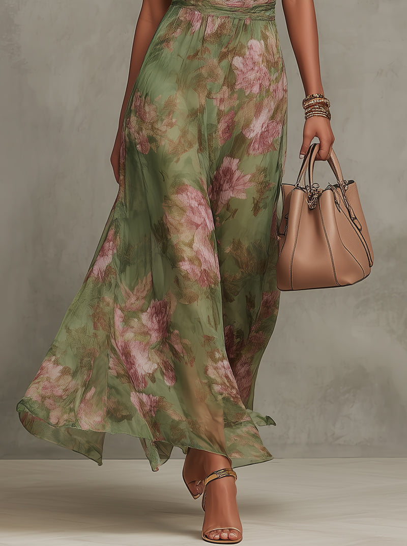 Green Floral Chiffon Halter Maxi Dress