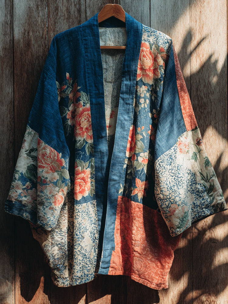 Retro Japanese Traditional Sashiko With Floral Art Print Cotton And Linen Blend Kimono Cardigan