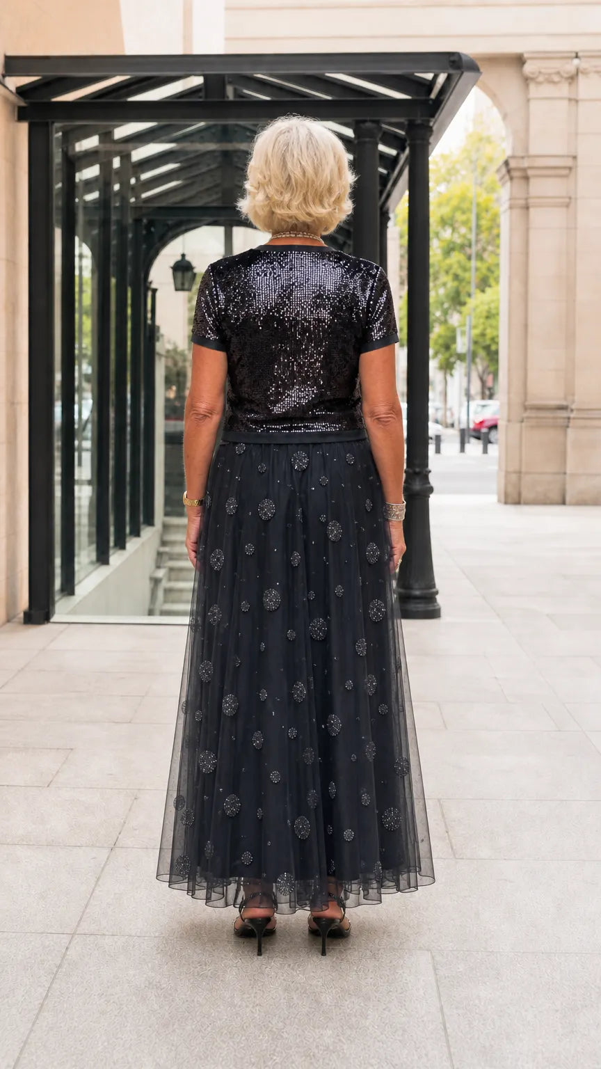 Sequined Short Sleeve Top and Embellished Tulle Maxi Skirt Evening Set