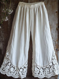Vintage Boho Floral Lace Hem Wide Leg Linen Pants