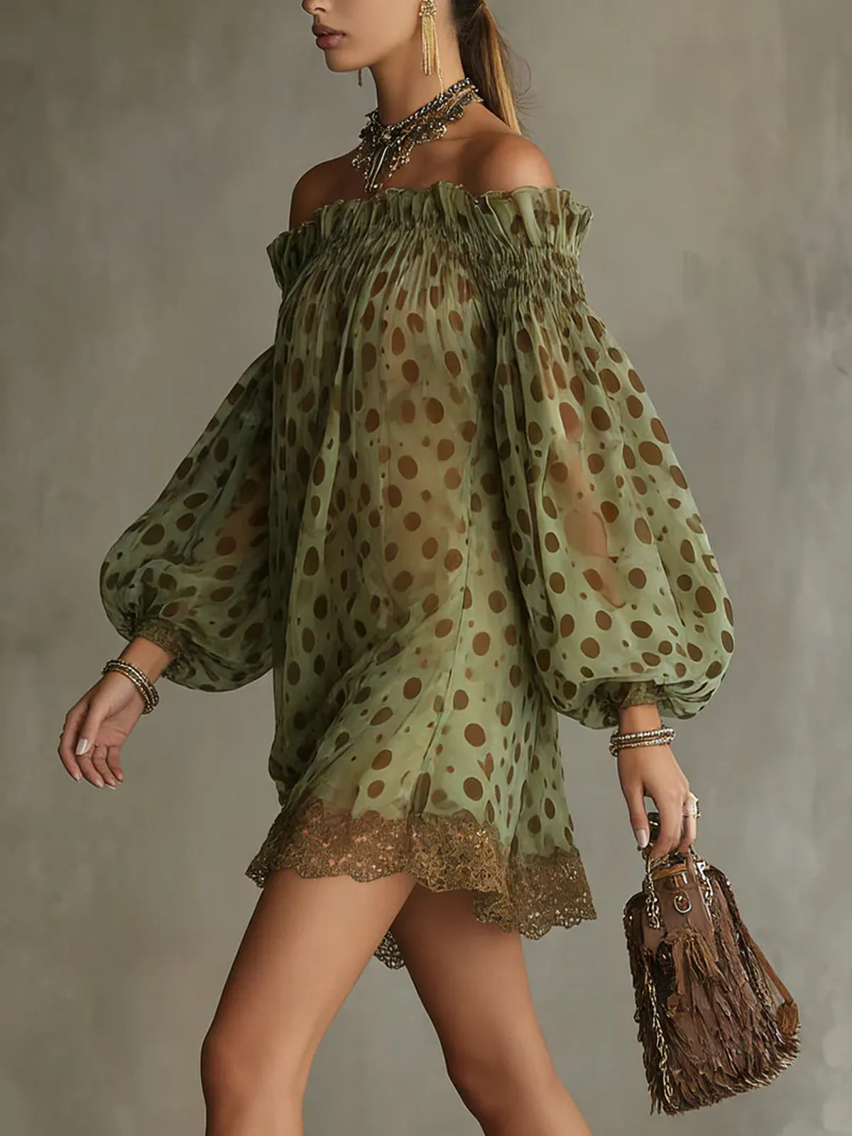 Olive Polka Dot Off-Shoulder Sheer Balloon-Sleeve Lace Hem Mini Dress