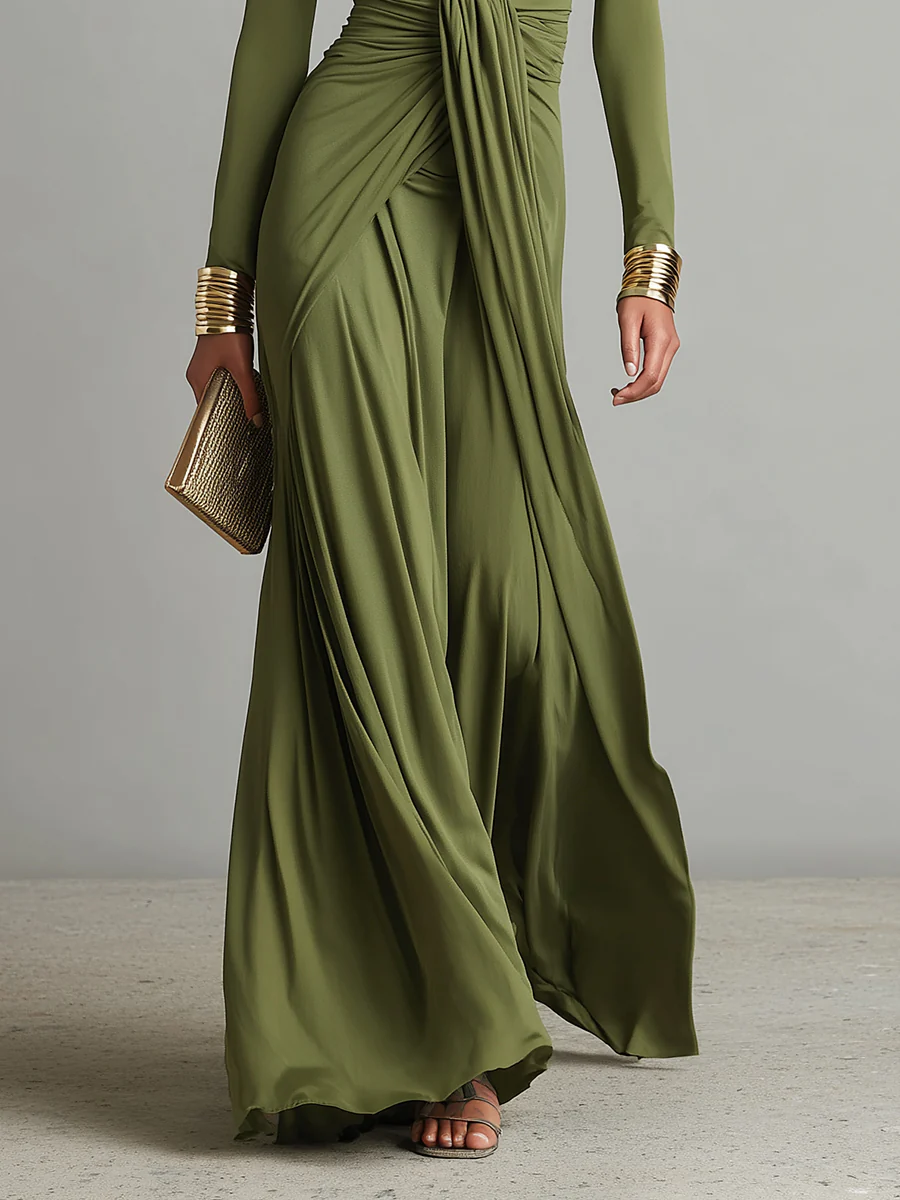 Olive Green Deep V-neck Pleated Glamorous Maxi Dress