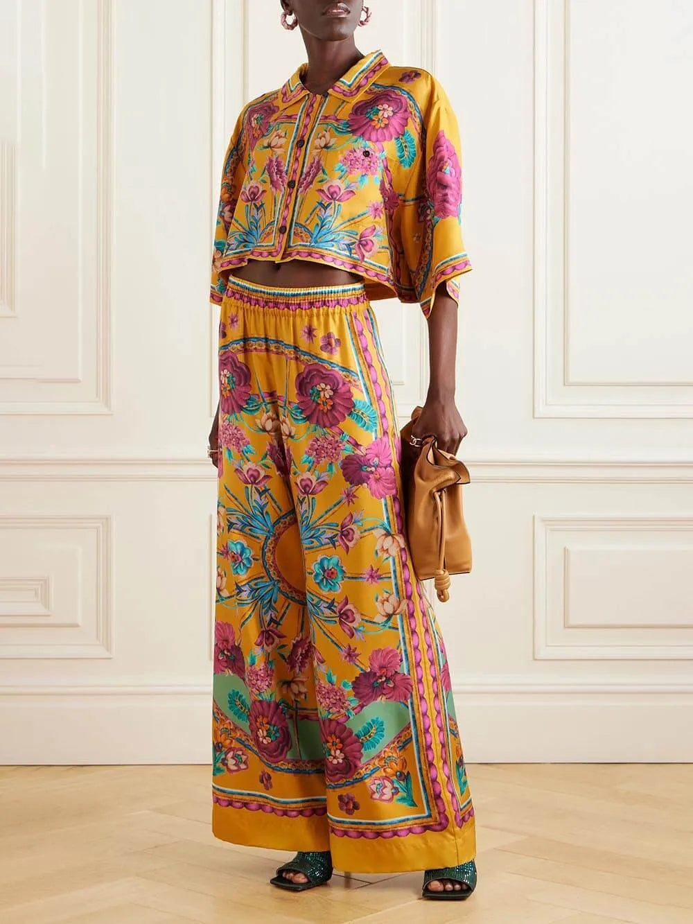 Sunset Cropped Unique Floral Printed Loose Wide-Leg Pants