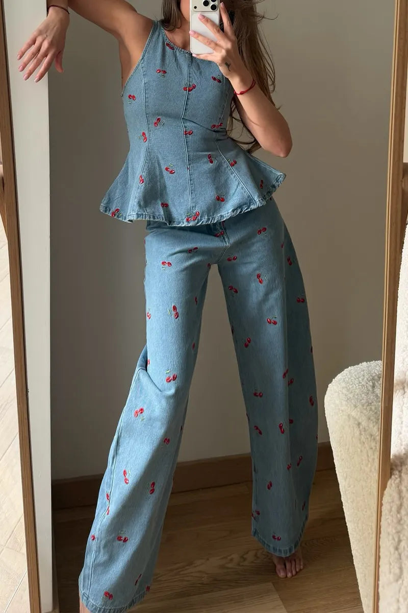 Women's Fashion Cherry Pattern Trim Denim Vest & Jeans