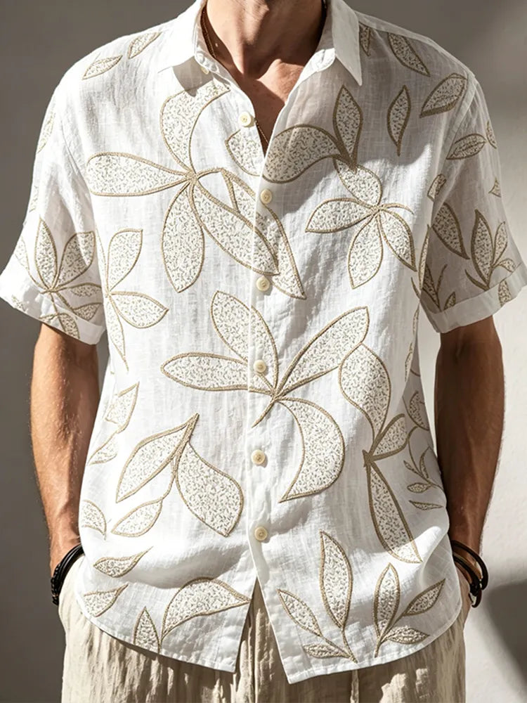 Men's Plant Embroidery Design Spring And Summer Casual Linen Short-sleeve Shirt