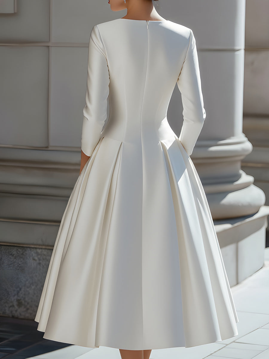 Elegant Satin V-Neck Pleated A-Line Midi Dress