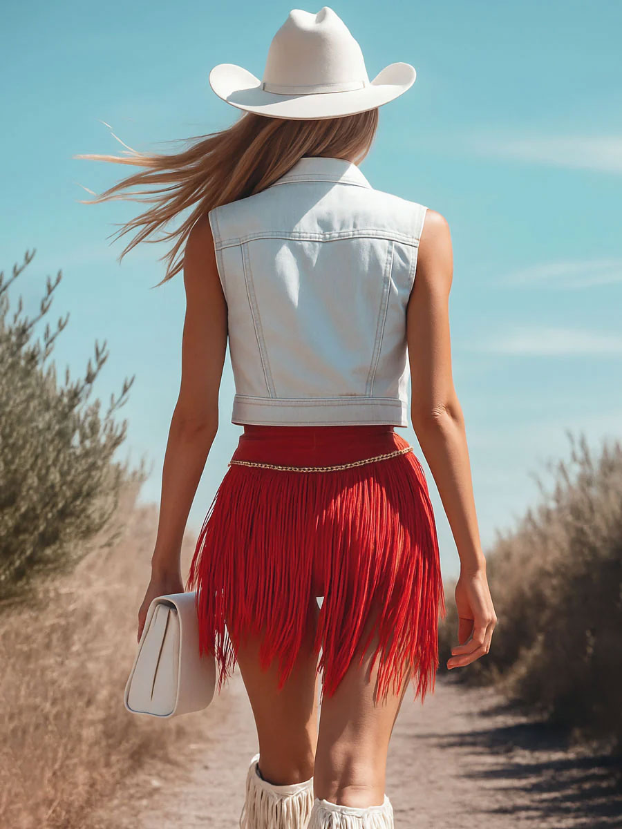 【24-hour shipping out】Western Retro Red Washed Cotton Ribbon Tassel Shorts