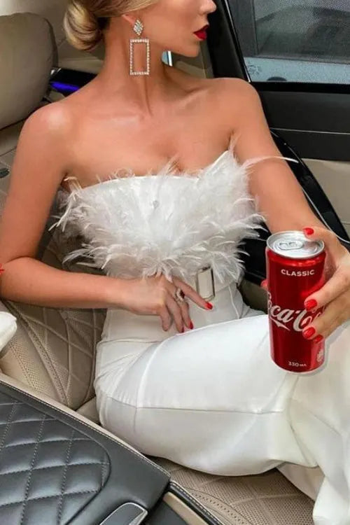 Feather Sexy Off Shoulder Sleeveless Slim Jumpsuit