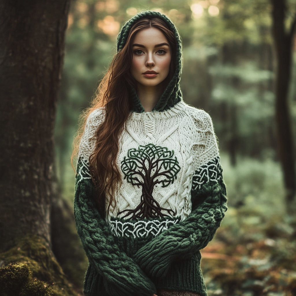 Women's Celtic Tree Of Life Jacquard Ethereal Forest Hooded Sweater