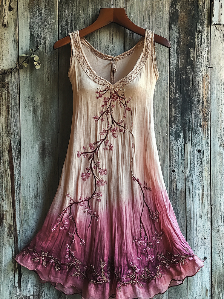 Vintage Celtic Knot With Cherry Blossoms Gradient Pattern Linen Tank Dress