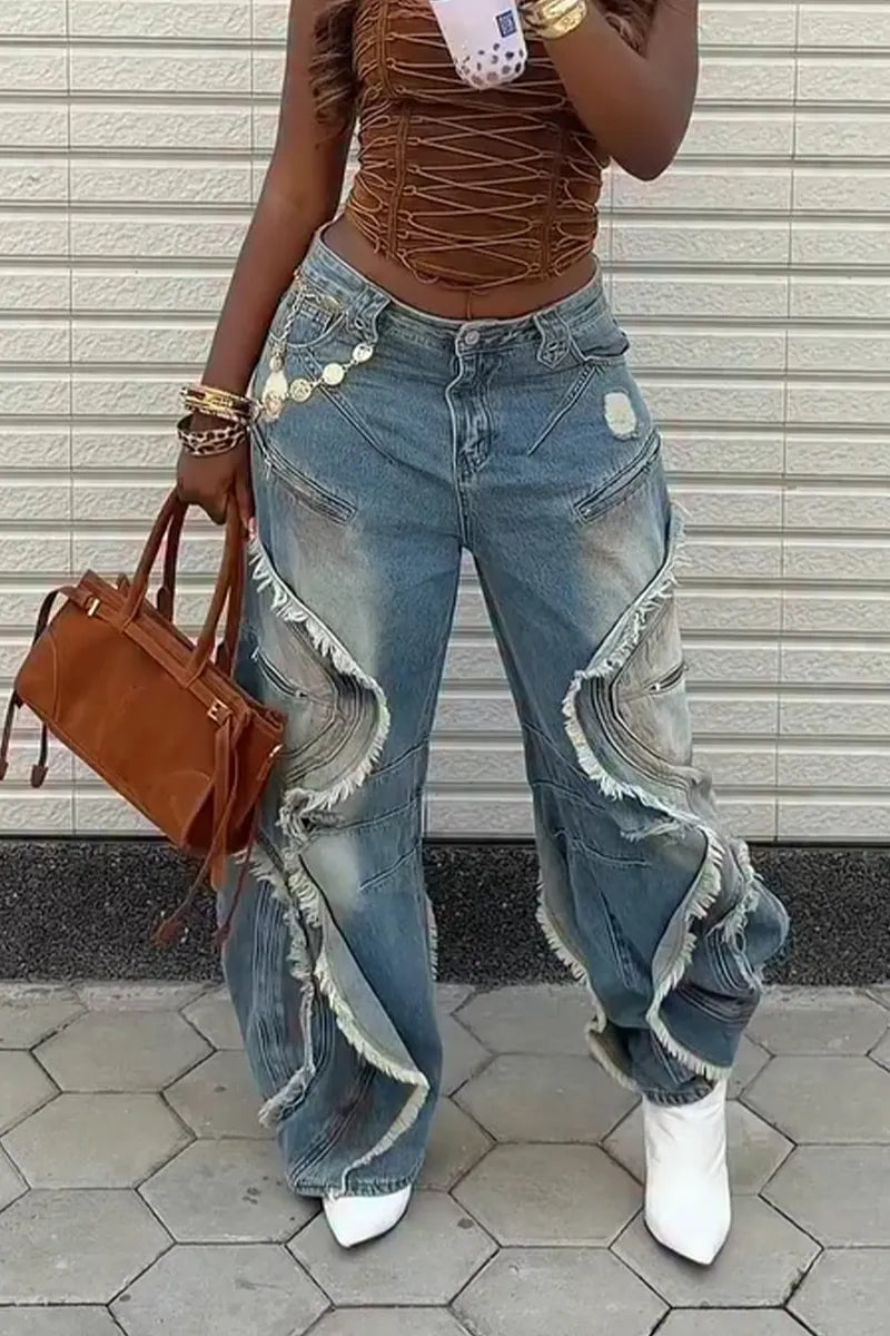 Women Casual U-neck Top or Spliced Washed Denim Jeans