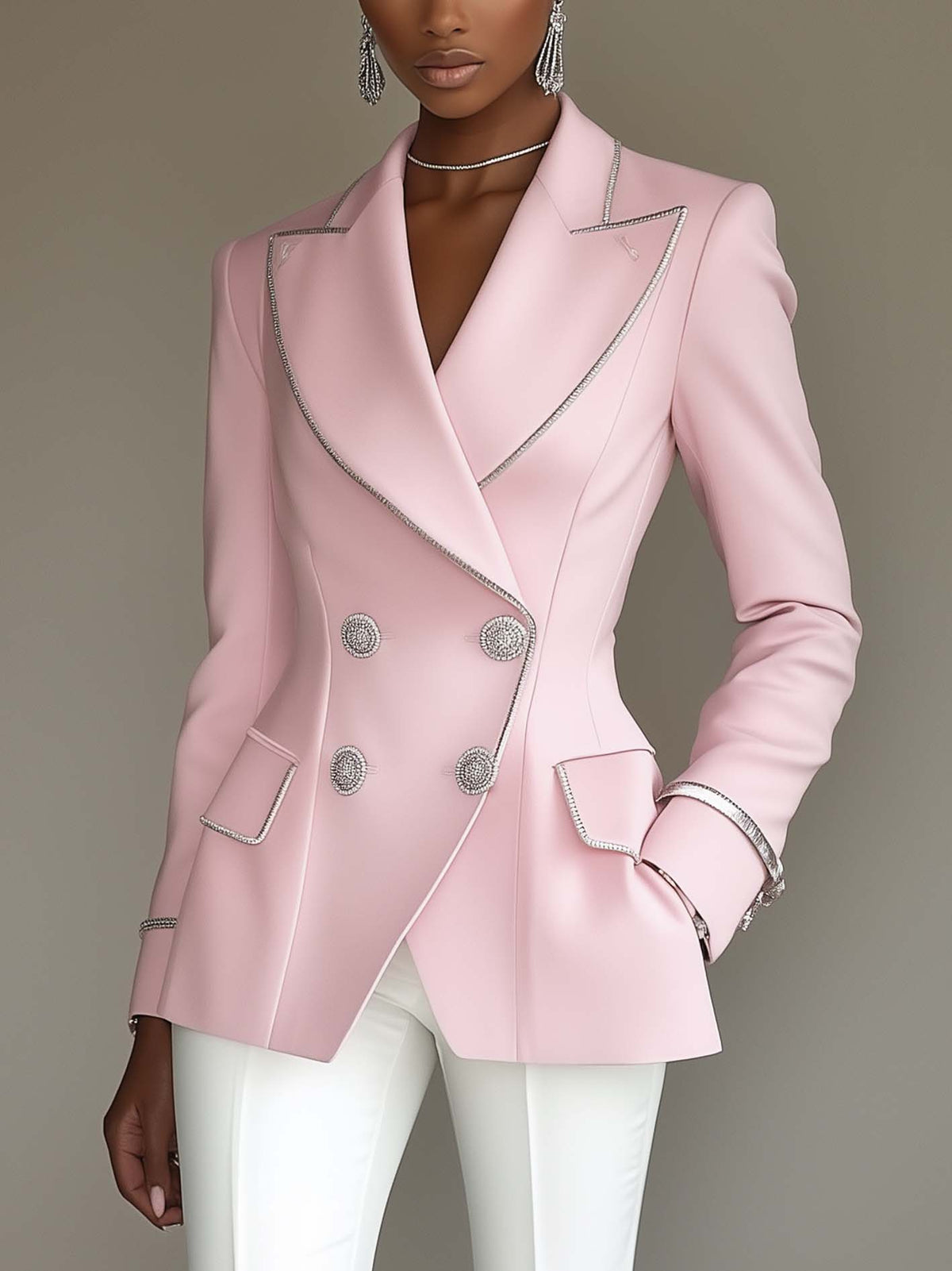 24-Hour-Shipping Pink Blazer With Silver Trim And Double-breasted Buttons
