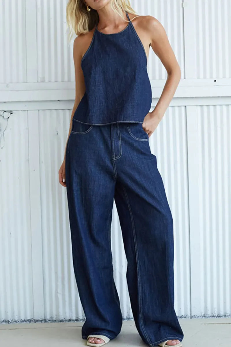 Women's Casual Backless Spaghetti Strap Denim Top& Casual Wide Leg Jeans