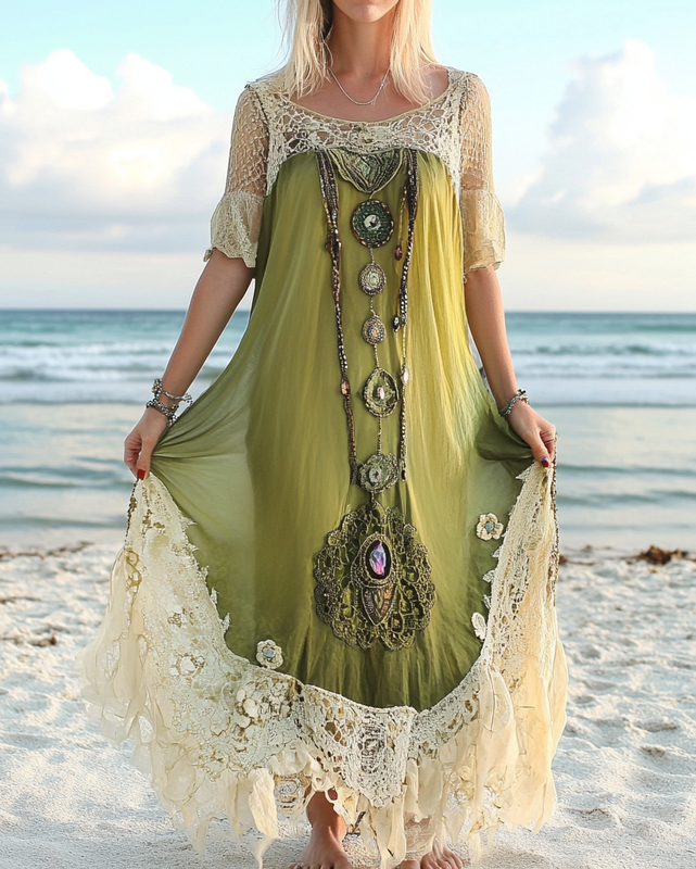 Summer Vacation Lace Turquoise Beaded Dress fa82