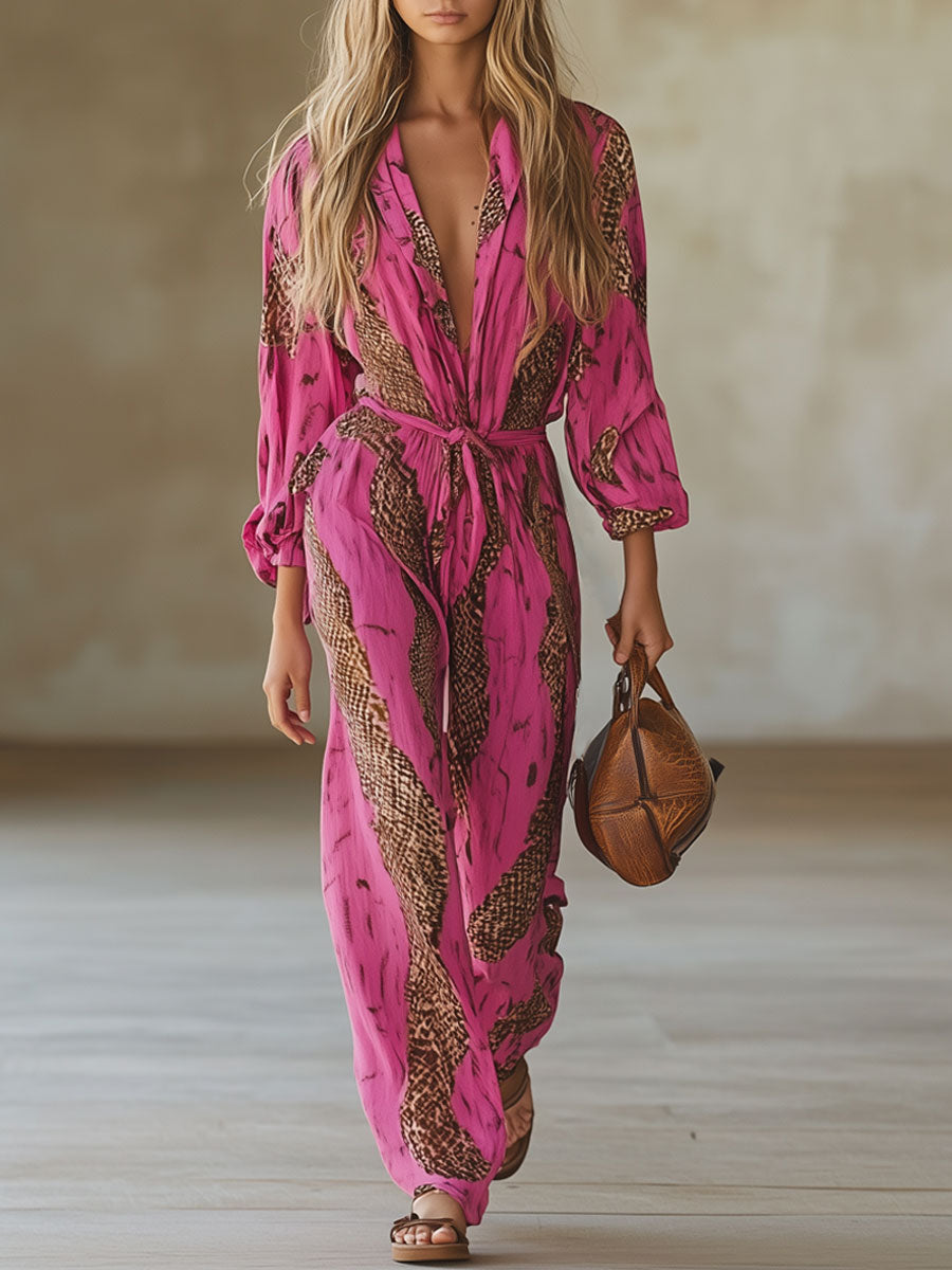 Casual Loose Rose Red Chiffon Leopard Print Long-Sleeved Jumpsuit