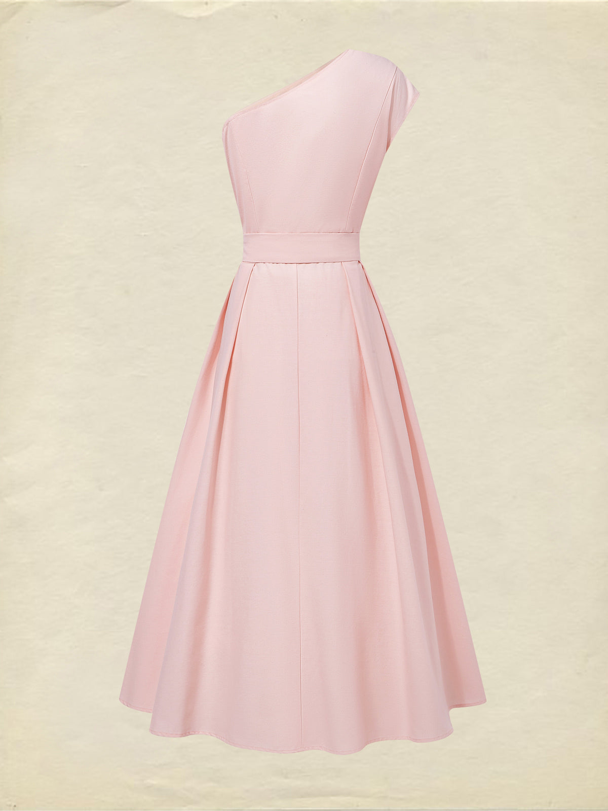 Maxi Cotton Dress , Sleeveless, One shoulder, Plain, Belt Design, Vintage, Light Pink