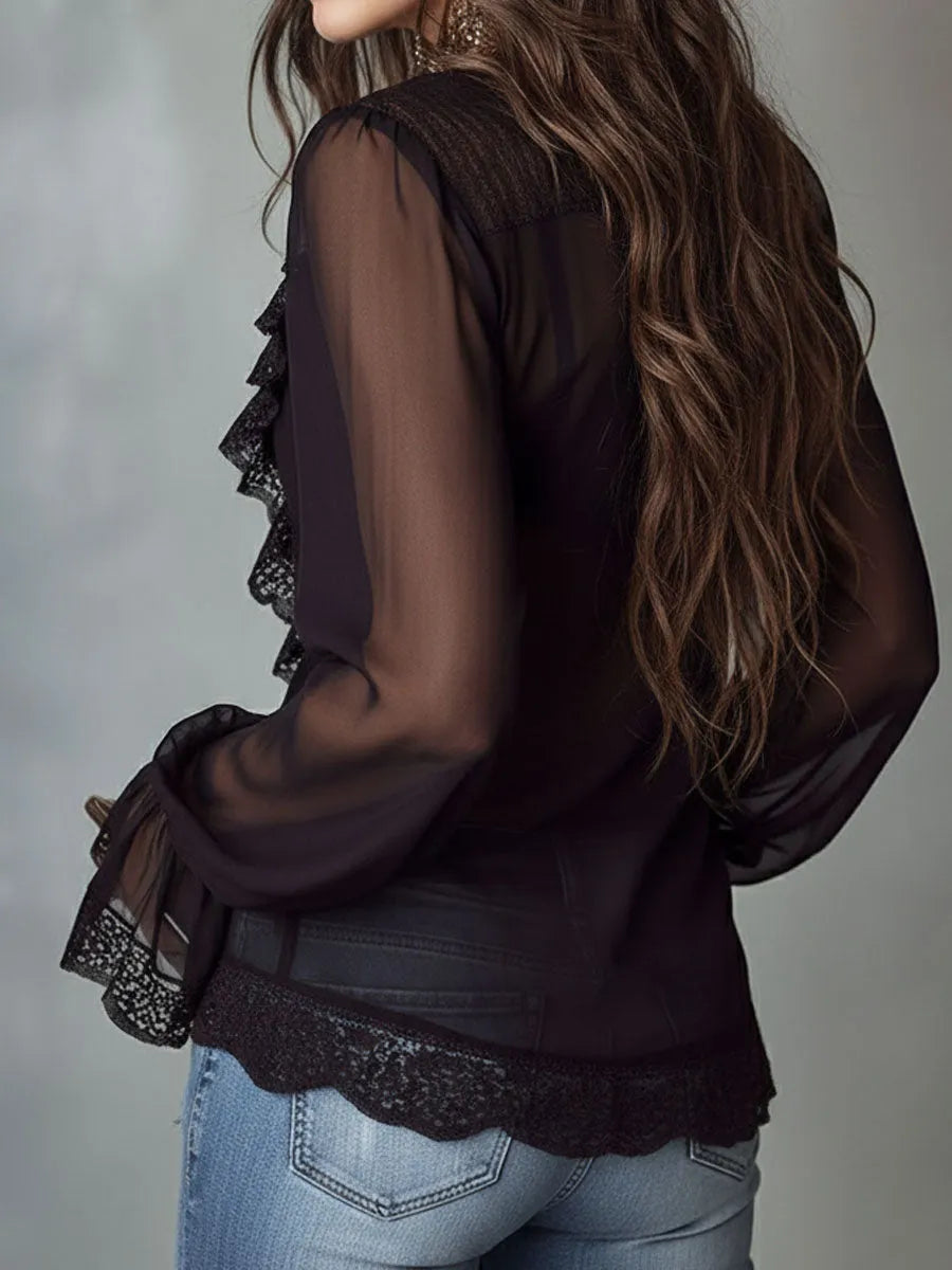 Retro Romantic Black Lace Trim Sheer Chiffon Ruffle Blouse