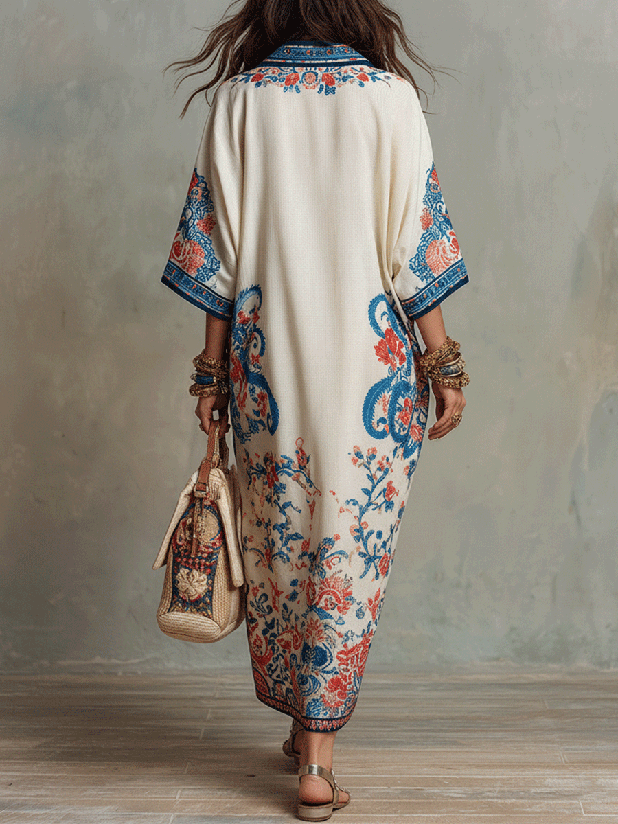 Bohemian Floral Paisley Kaftan Midi Dress In Ivory Blue