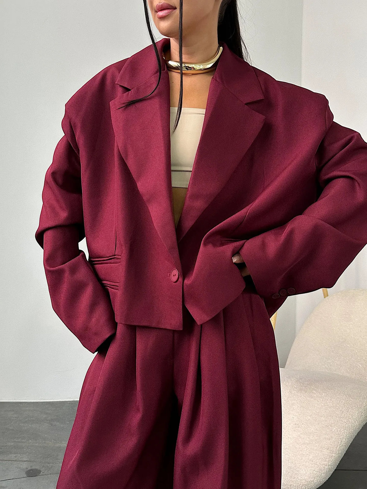 Nude Pink Casual Suit + Wide-leg Pants Set