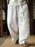 Japanese-style Chrysanthemum And Calligraphy Art Embroidery Distressed Cotton Linen Pants