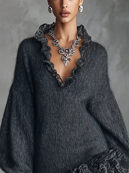 Gray Knit Mini Dress With Ruffled V-Neckline And Chiffon Hem