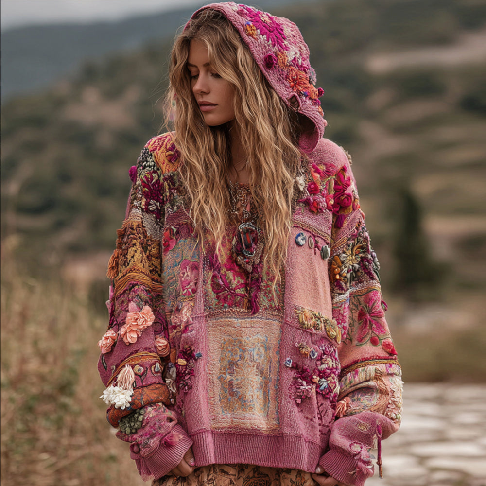 Bohemian Style Three-dimensional Flower Embroidery Pink Patchwork Hooded Long-sleeved Sweater