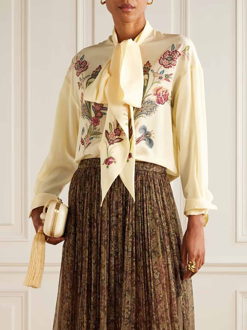 Retro Bow Neckline Floral Print Chiffon Shirt