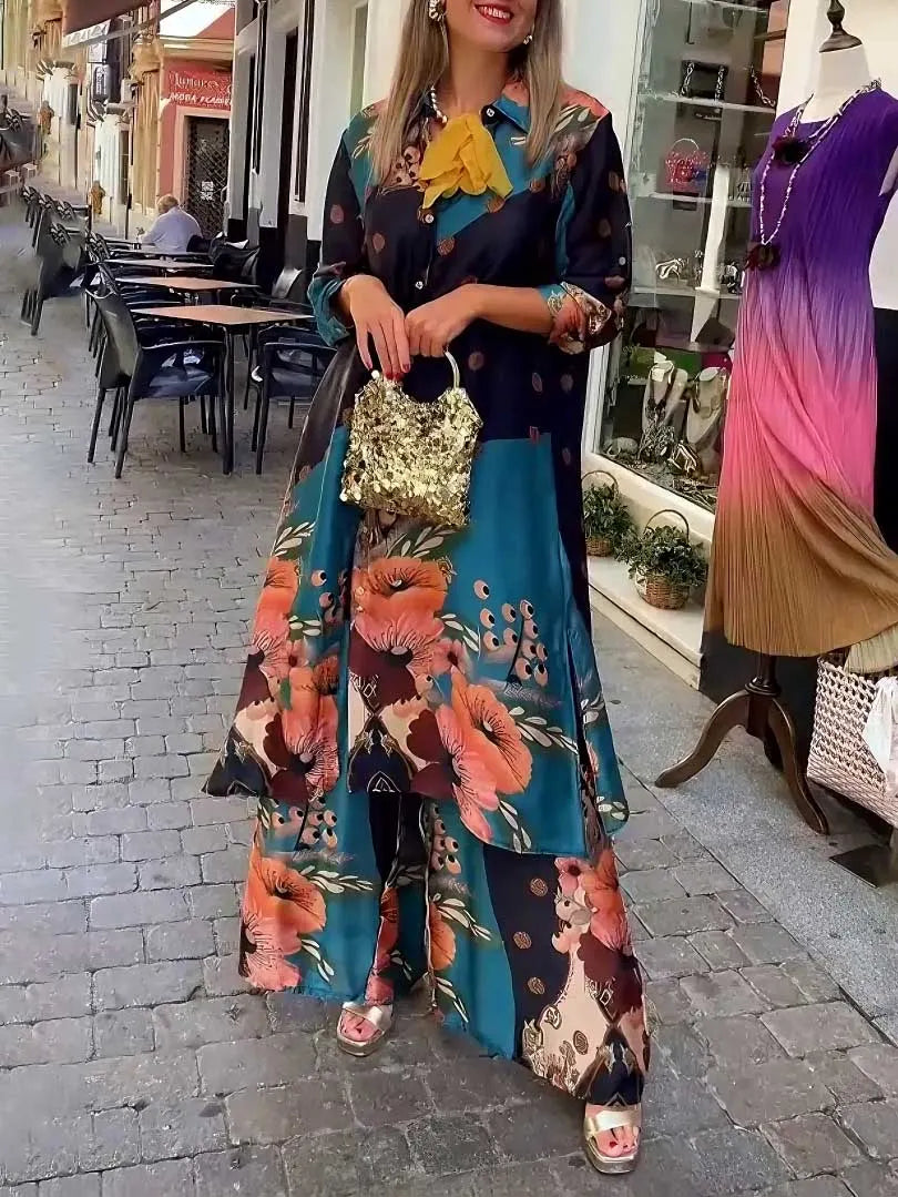 Elegant Satin Floral Print Long Shirt