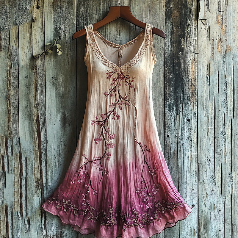 Vintage Celtic Knot With Cherry Blossoms Gradient Pattern Linen Tank Dress