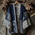 Retro Japanese Traditional Sashiko With Sakura Art Print Cotton And Linen Blend Kimono Cardigan