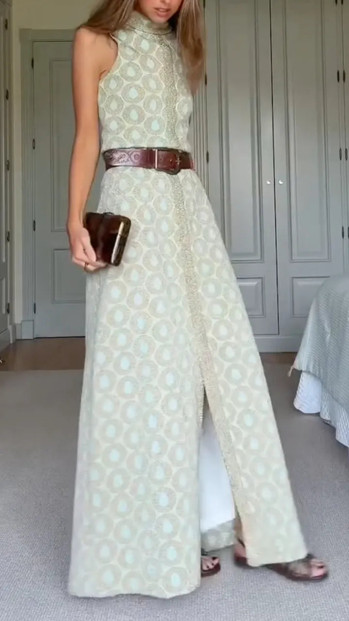 Women's High-Neck, Slit, Printed Elegant Maxi Dress