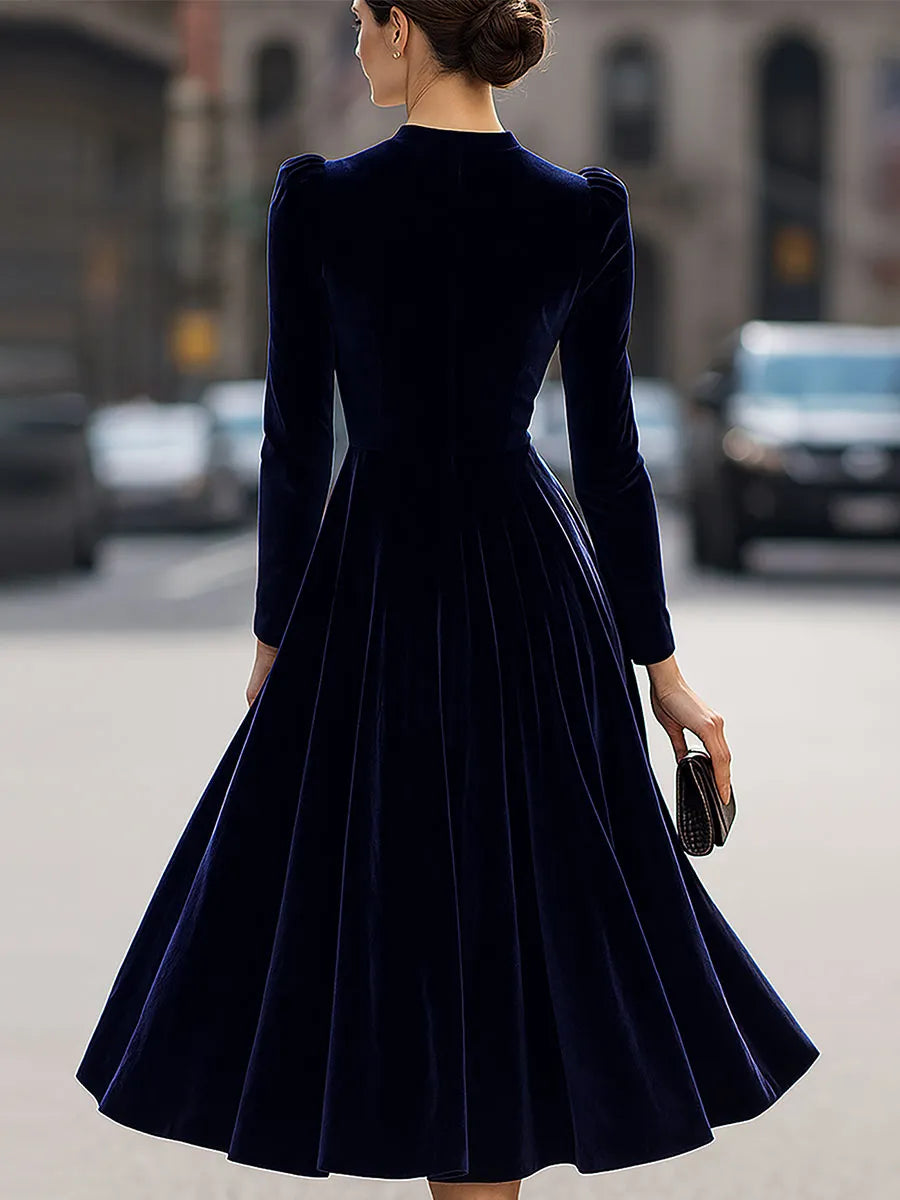 Luxurious   Velvet Long-Sleeve Midi Dress