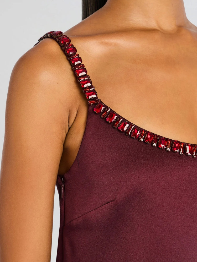 Satin Jewel-Chain A-Line Mini Dress