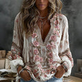 Women's Vintage Floral Embroidered Art Print Flowy Linen Blend Casual Tops