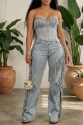 Women's Casual Rhinestone Embellished Strapless Fringed Denim Top Or Fringed Wide Leg Jeans Set