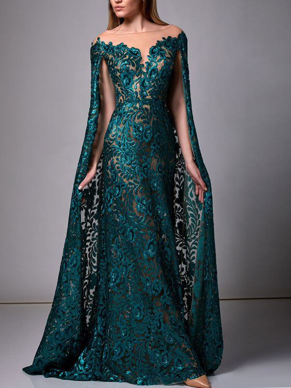 Off Shoulder Illusion Sequin Gown