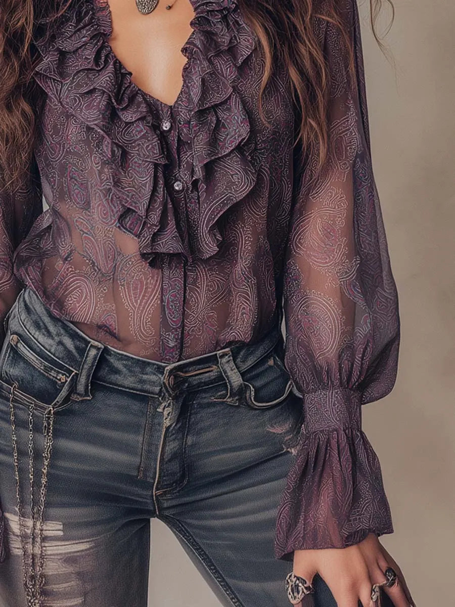 Vintage Paisley Print Ruffled Collar Chiffon Blouse