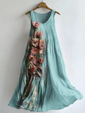 Vintage Roses Floral Flowy Linen Maxi Tank Dress