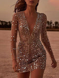 Shiny Spangle Long Sleeves Mini Dresses