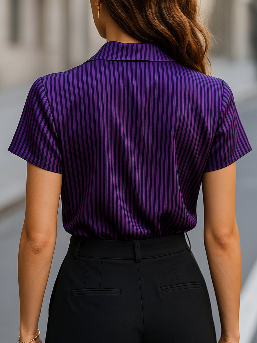Satin Stripe Short-Sleeve Glossy Blouse with Wide Collar