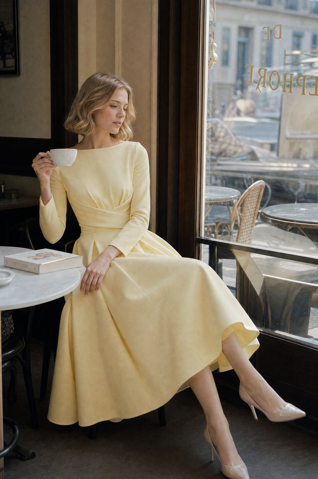 Cross Waist Boat Neck Fit Flare Midi Crepe Dress