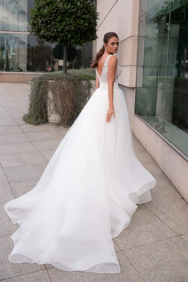 Simple A-Line Lace Wedding Dress, Minimalist Deep V Neck Bridal Gown, Wedding Dress, Lace Wedding Dress, Custom Romantic Wedding Gown