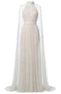 Pearl Cape Sleeves Maxi Dress White