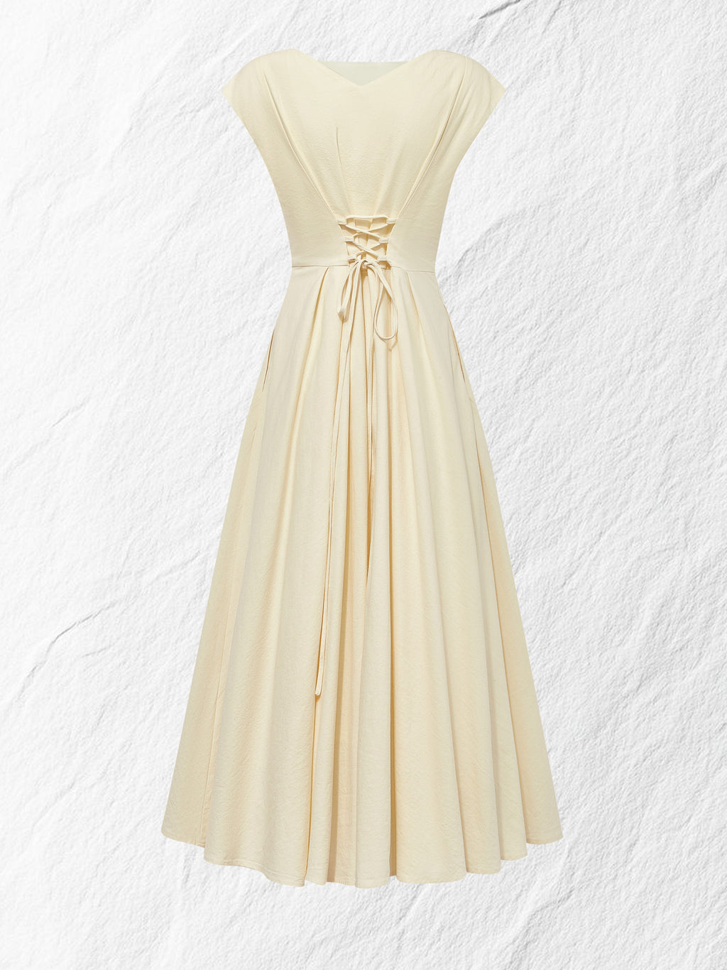 Linen Midi Dress, Cap Sleeve, Boat Neck, Plain, Vintage, Off White
